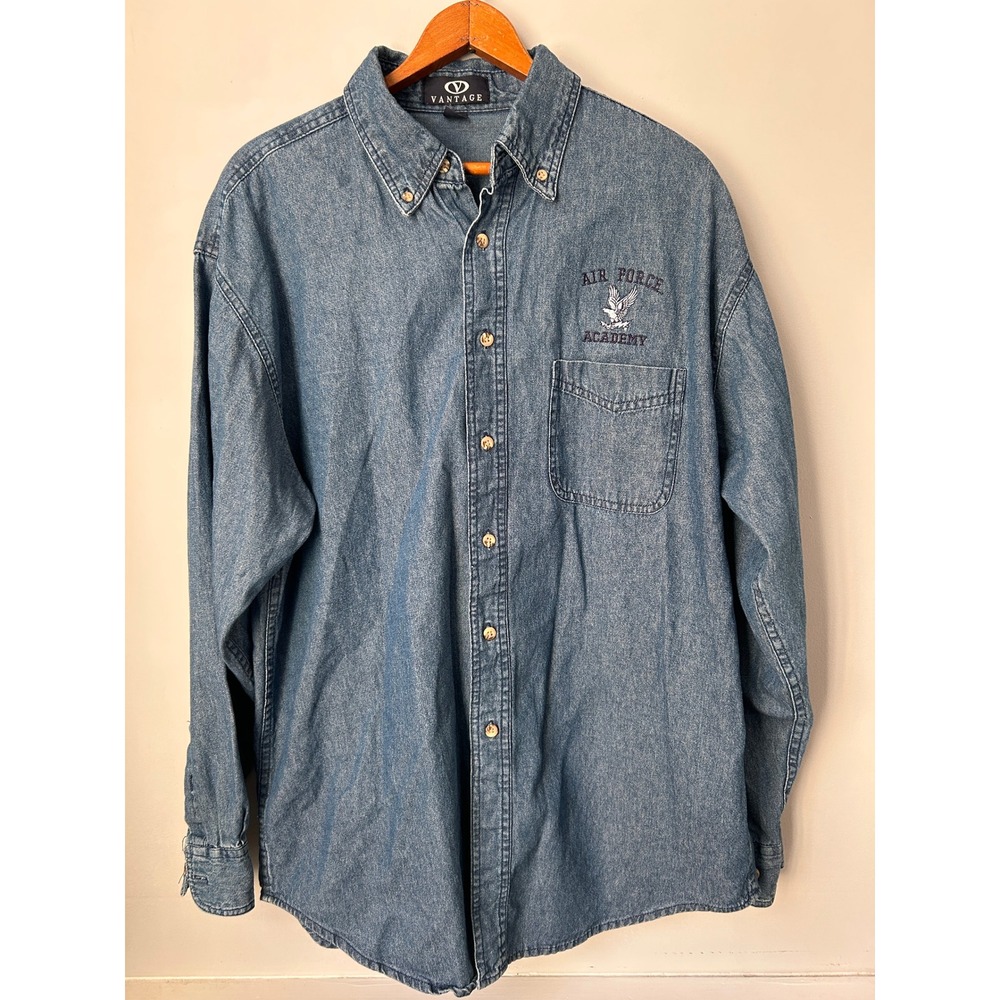 Vantage Air Force Academy Denim Button Down Shirt Mens Medium Blue Long Sleeve